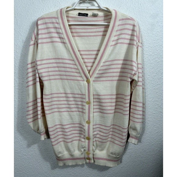 Vintage Andrew St John Sweater Cardigan Size L Pink Striped Acrylic Grandpa Y2K - Picture 1 of 10